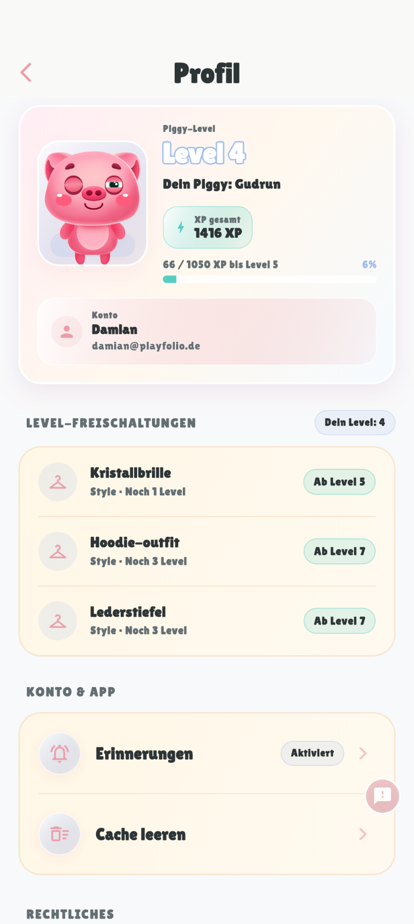Playfolio Profilseite mit Level, XP und Freischaltungen