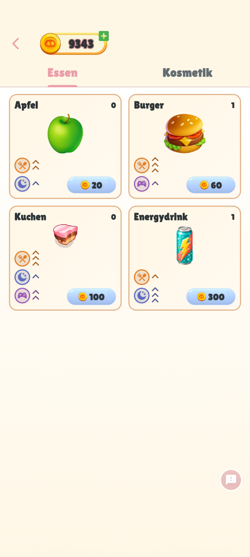 Playfolio Shop Tab Essen mit Apfel, Burger, Kuchen und Energydrink