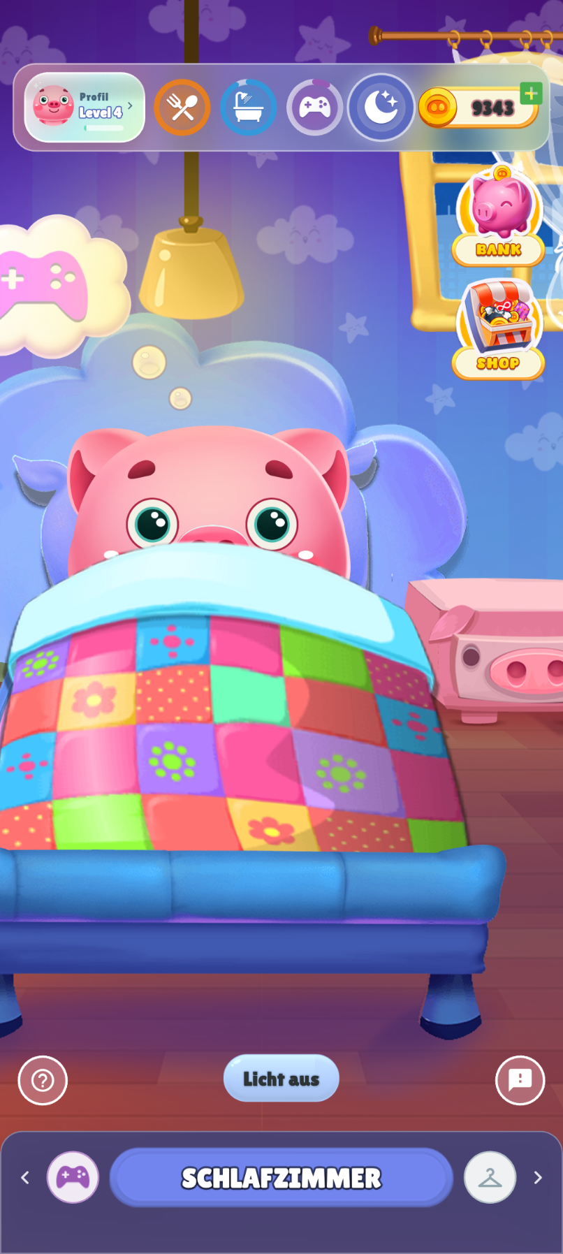 Playfolio Schlafzimmer mit Piggy im Bett und Licht-aus-Button