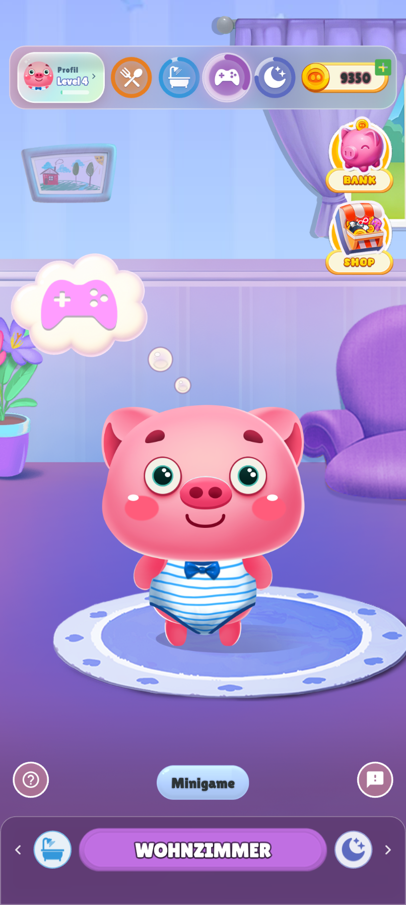 Playfolio Wohnzimmer mit Piggy und Minigame-Button